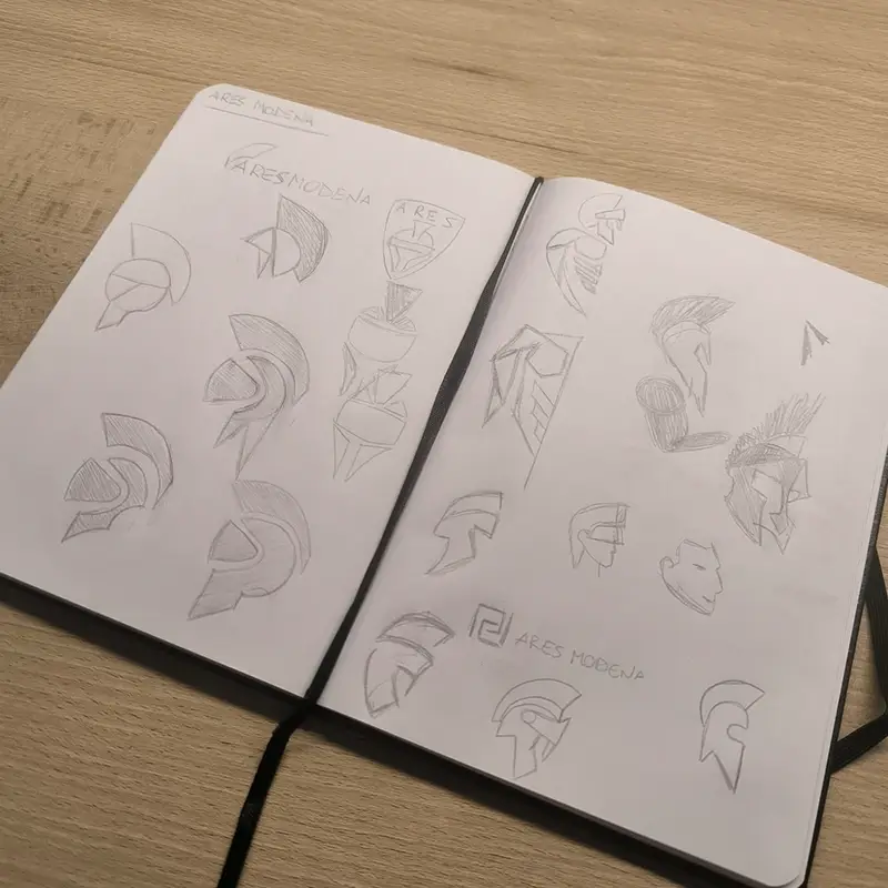 ARES Modena logo sketches on paper