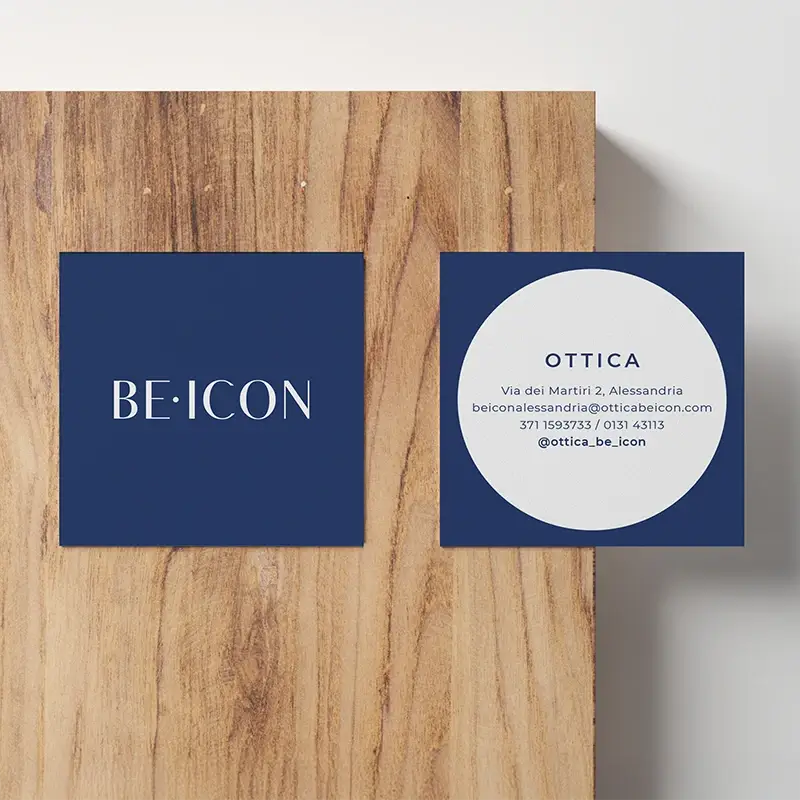 BE•ICON square business cards with cutout pupil