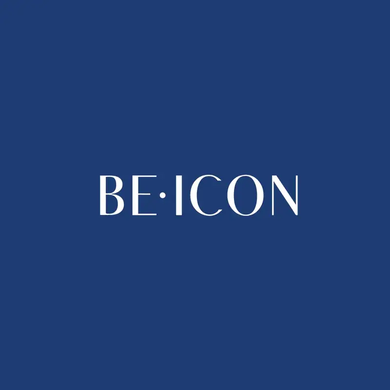 BE•ICON white logo on navy blue background