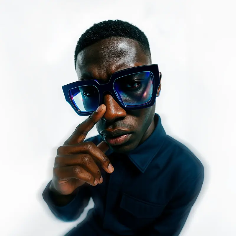 Male model posing with bold glasses looking at the camera