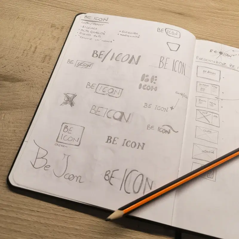 BE•ICON logo sketches on paper