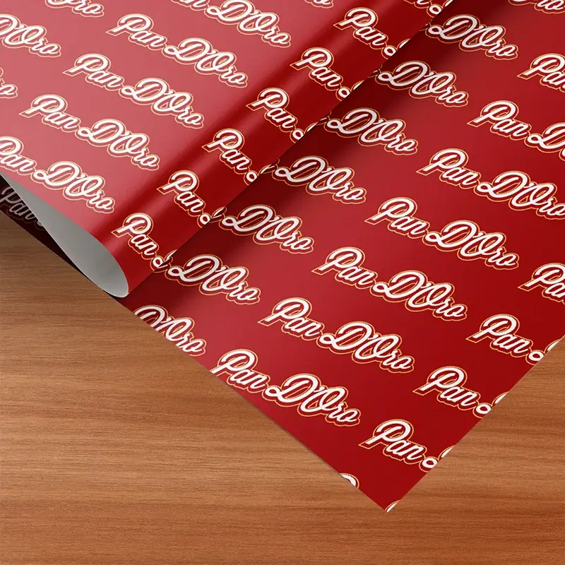 Pan D'Oro custom wrapping paper with logo pattern