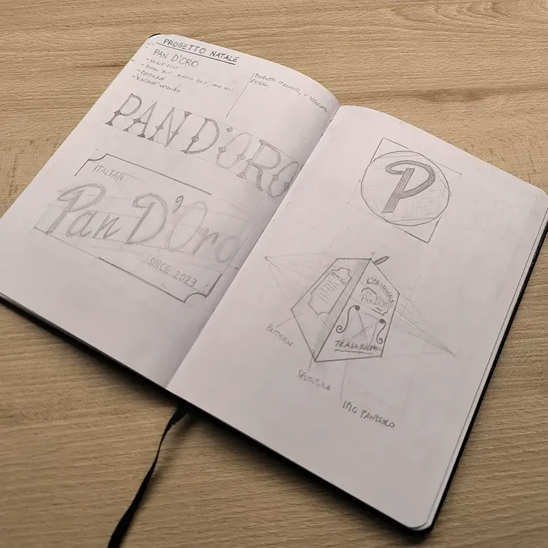 Pan D'Oro logo sketches on paper