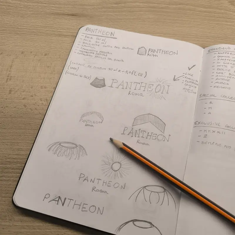 Pantheon Roma logo sketches on paper